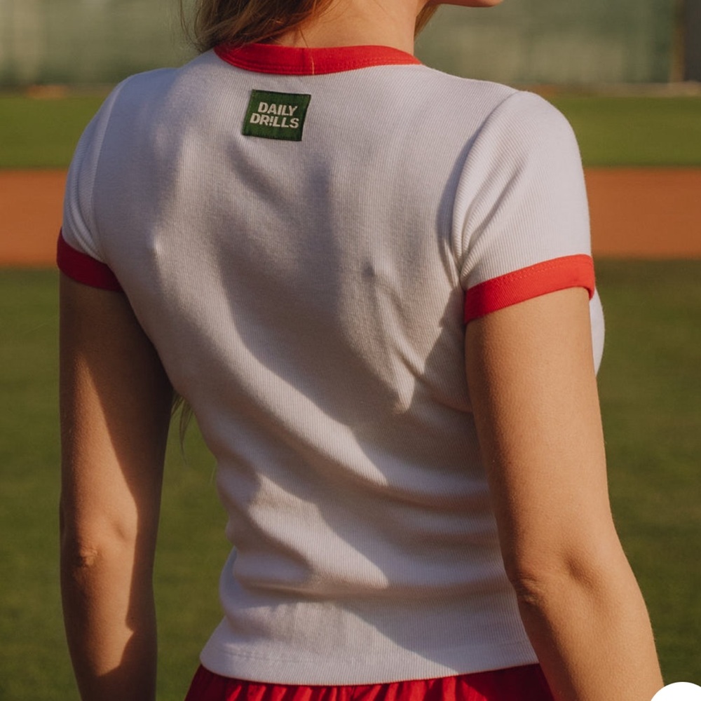 Daily Drills Varsity Ribbed Baby Tee - White and Heart (Red)